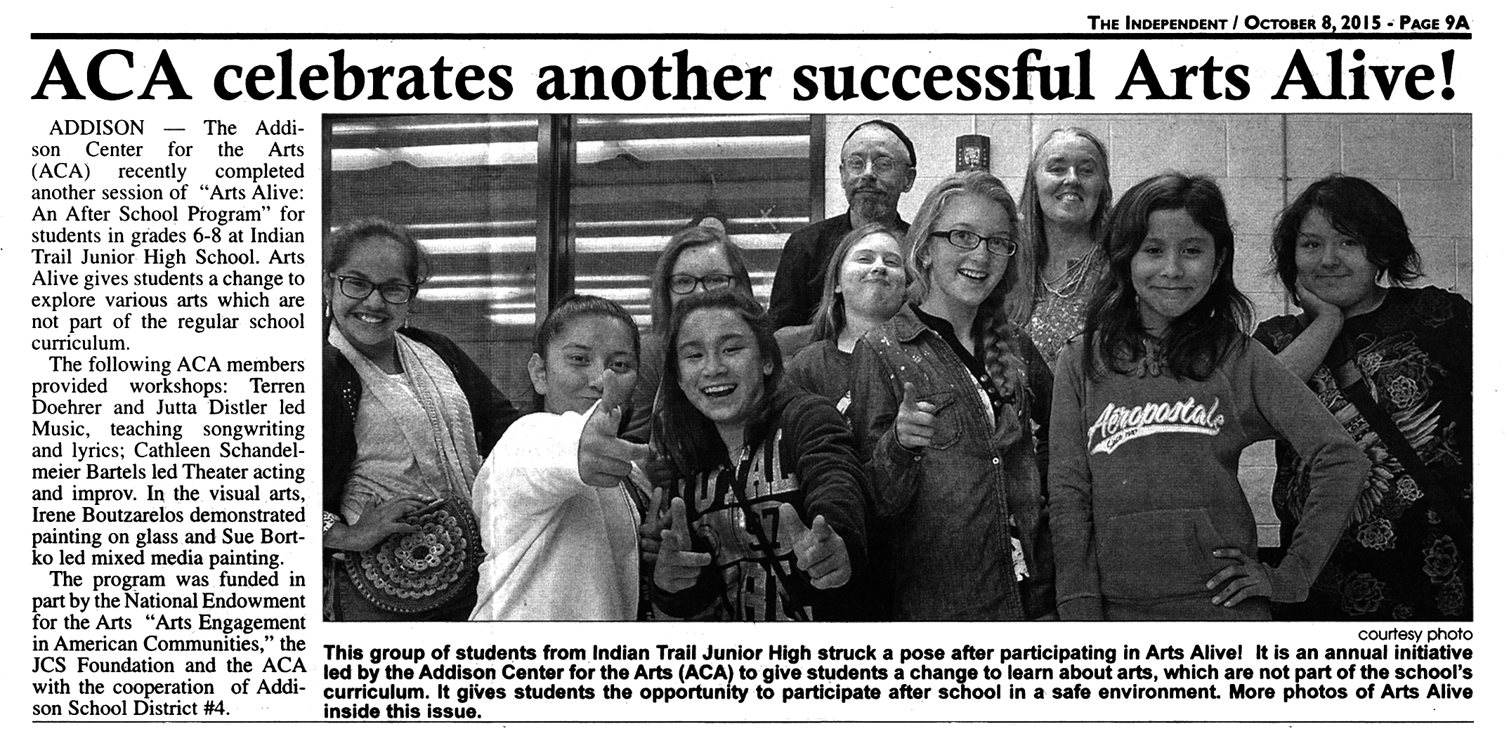 Image of article in the Addison Independent ACA Arts Alive article.jpg October 8, 2015 clipping about Jutta & the Hi-Dukes (tm)